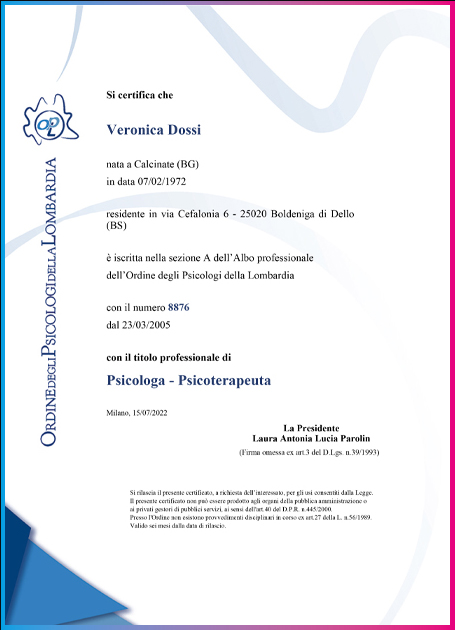 Certificato professionale di Psicologa - Psicoterapeuta di Veronica Dossi rilasciato dall'ordine degli psicologi della Lombardia
